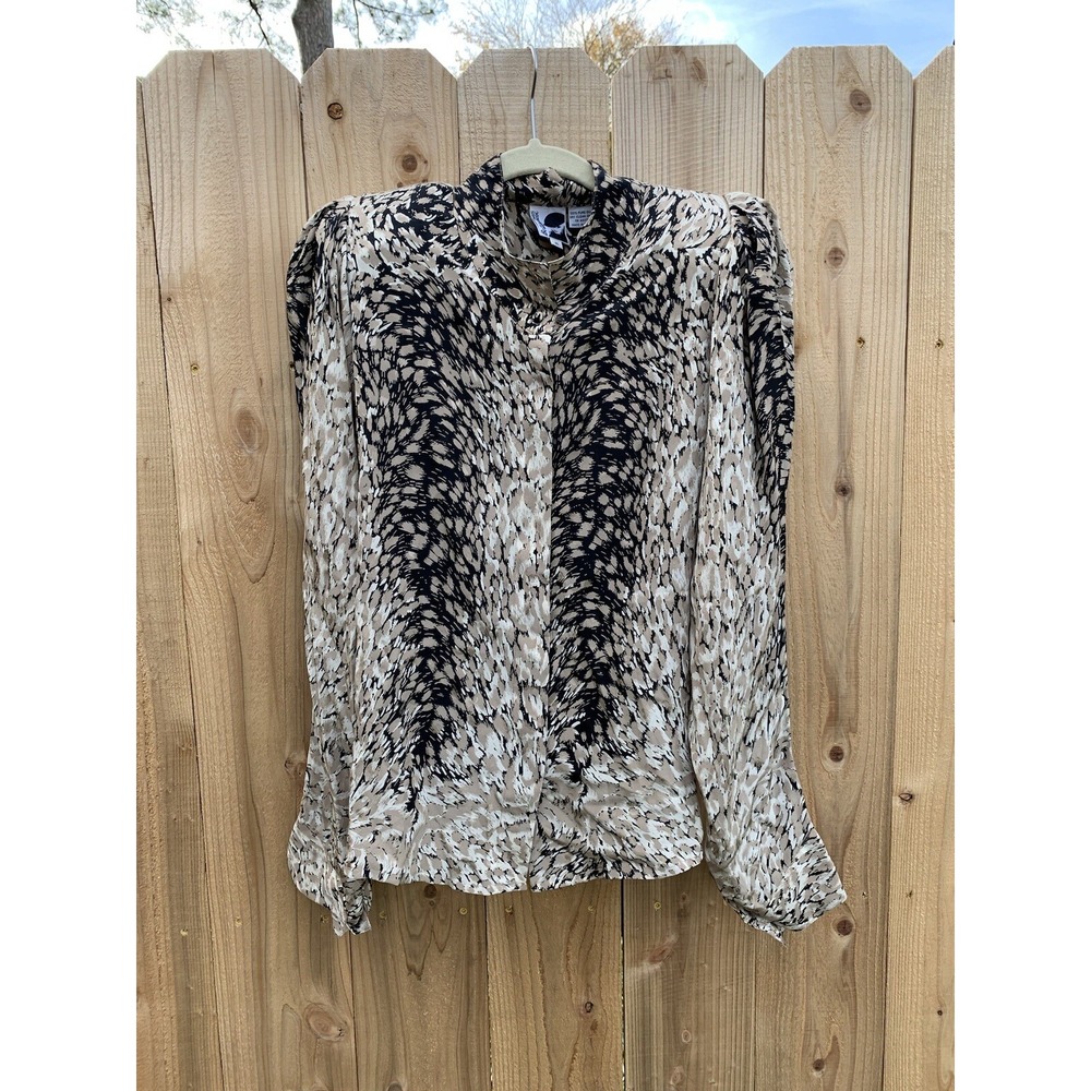 VINTAGE BELLINO PARIS MODE 1980s 100% Silk Animal Print Button‎ Down Long Sleeve